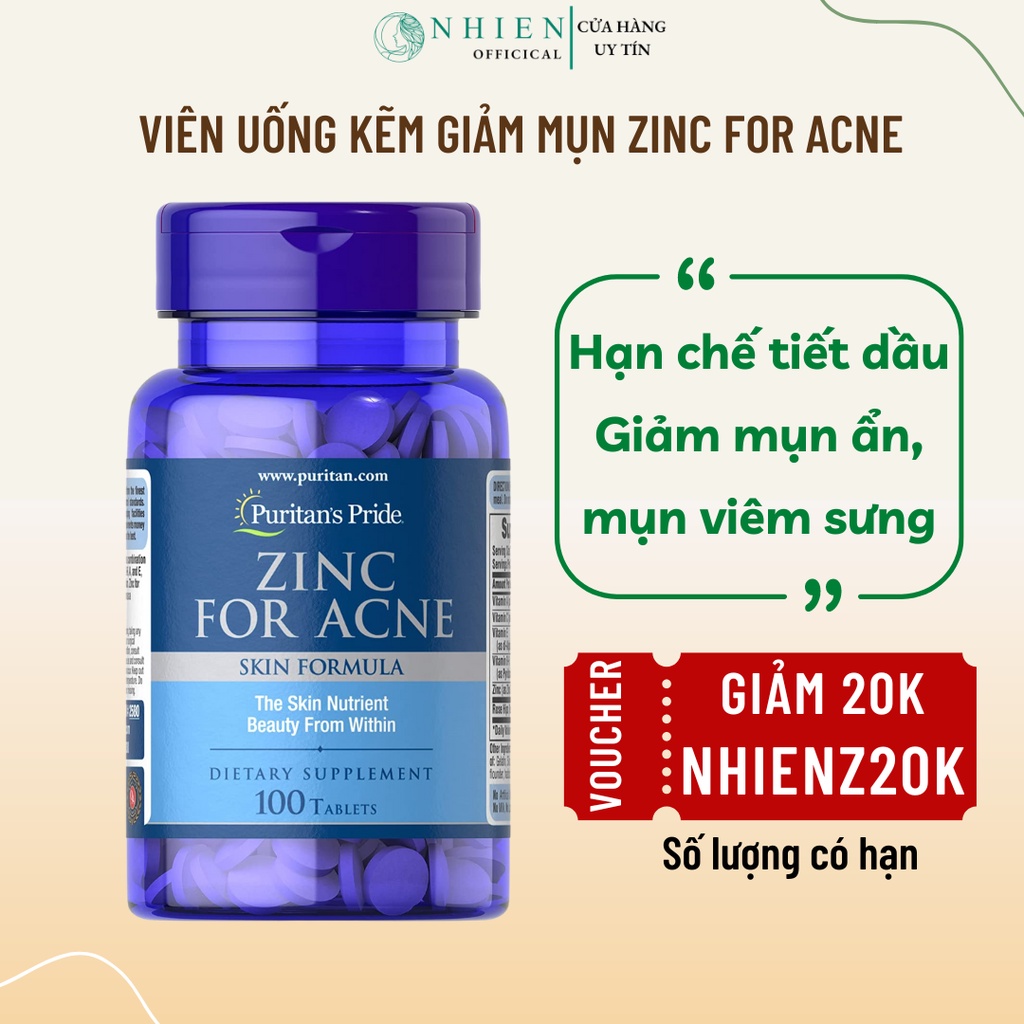 Viên uống giảm mụn trứng cá, mụn viêm kẽm Zinc For Acne Puritan's Pride cho da dầu mụn 100 viên