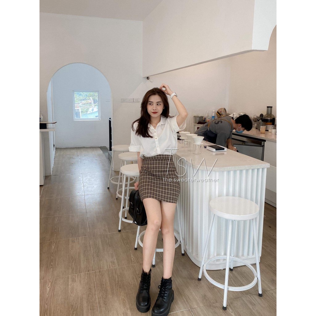 [Mã SKAMCLU7 giảm 10% tối đa 50K đơn 0Đ] Chân váy chữ A kẻ caro cạp cao (Ảnh thật)