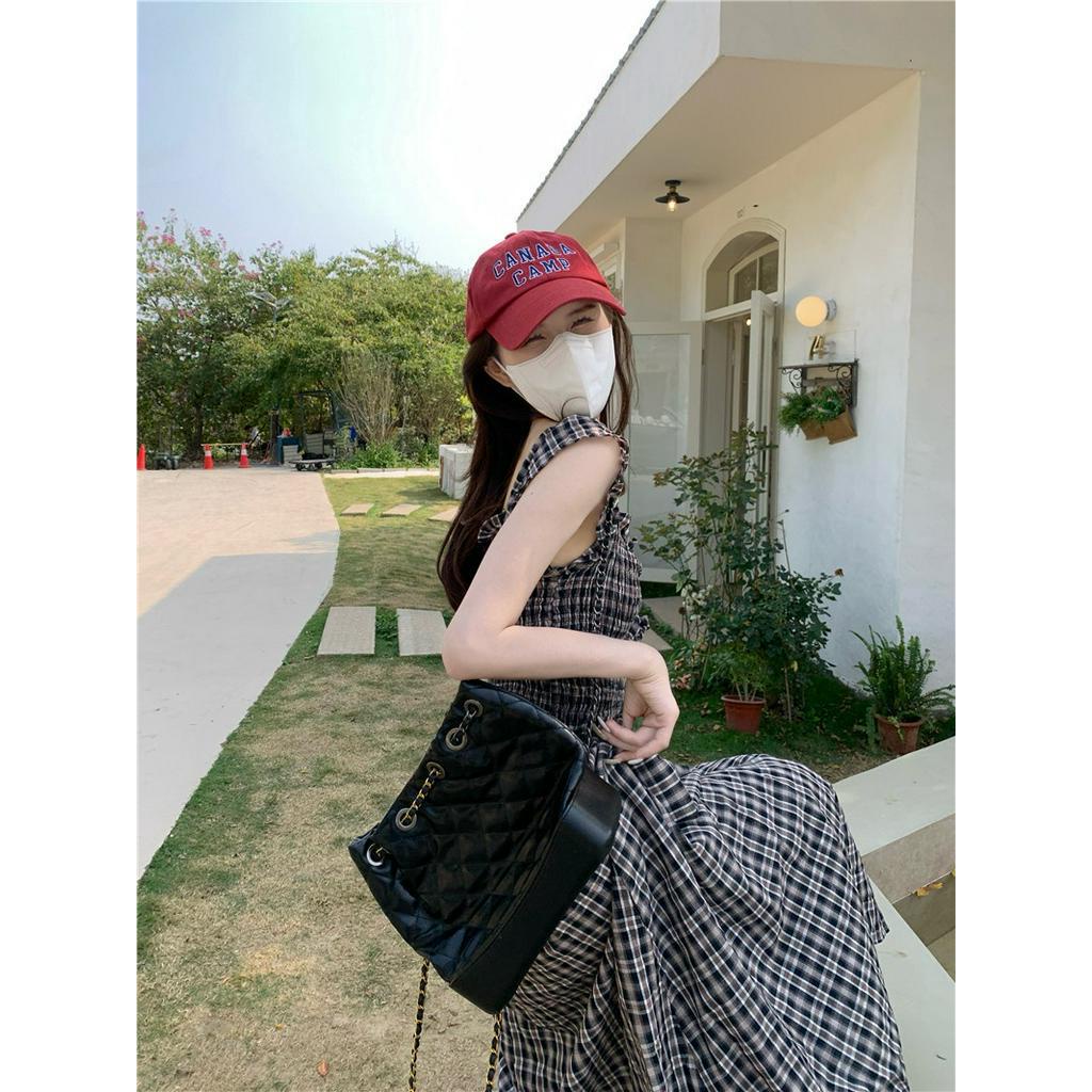 Đầm Dài Trễ Vai Dáng Chữ A Họa Tiết Sọc Caro Đính Nơ Xinh Xắn Thời Trang