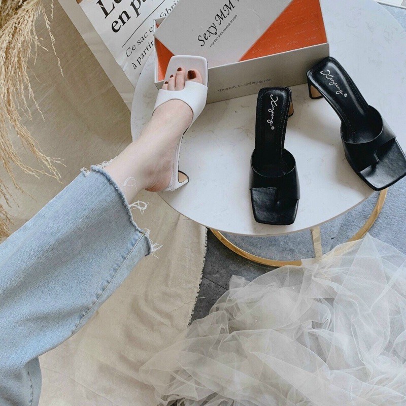 Guốc xỏ ngón quai cắt da mềm gót dẹp 5p hàng đẹp