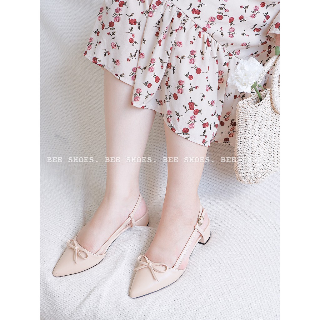 GIÀY BÚP BÊ NỮ NƠ BEESHOES DÂY HẬU SAU CAO 3CM SÃN MÀU ĐEN-BE-TRẮNG S18