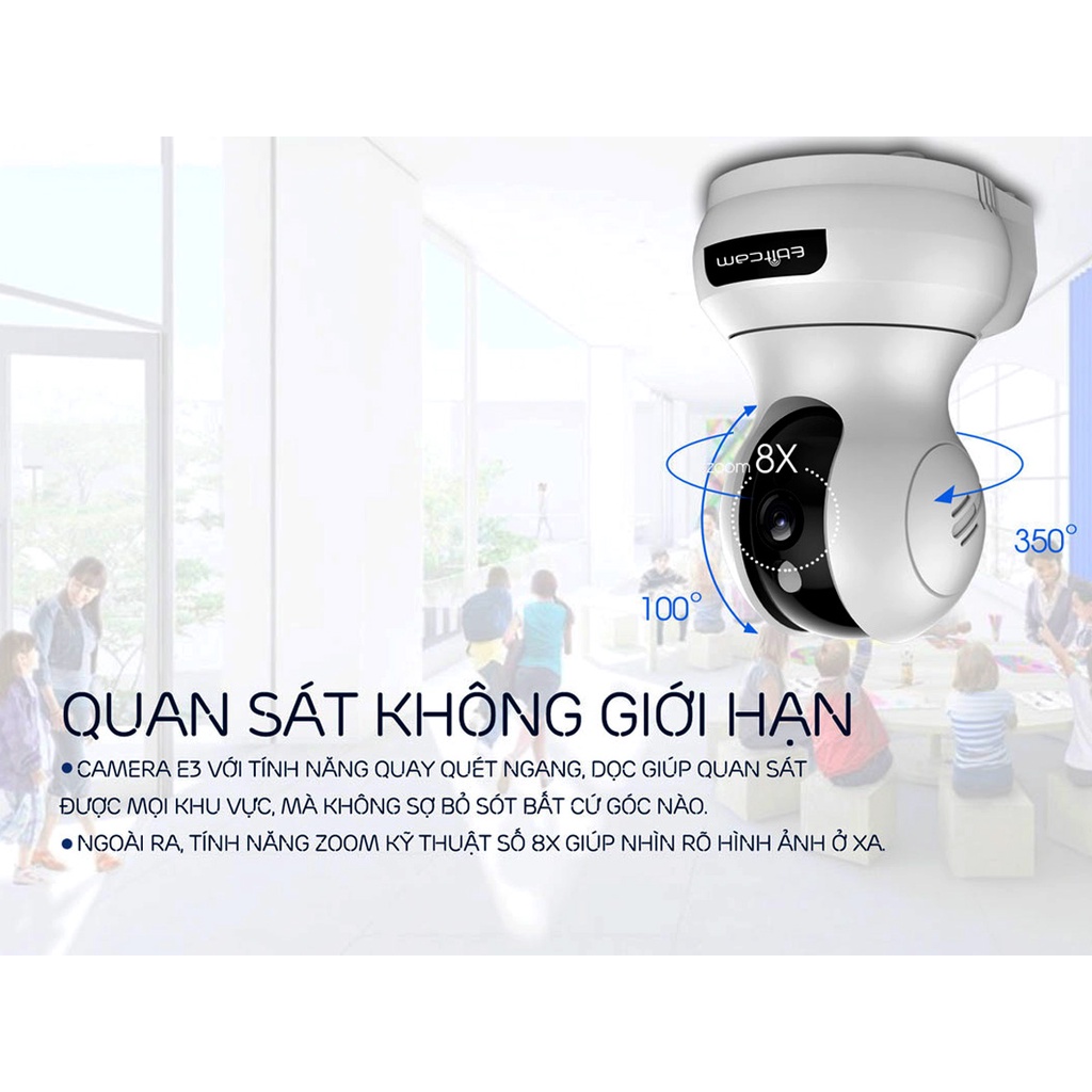 Camera IP Wifi EbitCam E3 2MP Full HD 1080P, đàm thoại 2 chiều, quay 355 độ, hỗ trợ thẻ nhớ lên 256G, hàng chính hãng