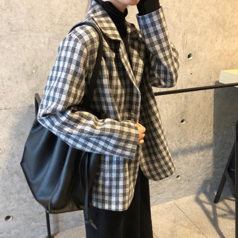Áo Blazer New Korean Version Ins Mid-length Loose Fashion Retro Casual Plaid Suit Jacket Women