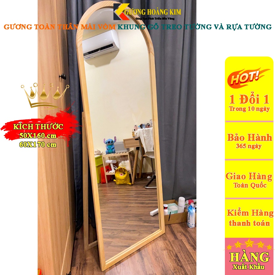 Gương soi toàn thân đèn led khung gỗ mái vòm có chân di động dựa tường treo tường giá rẻ - guonghoangkim mirror KG0001