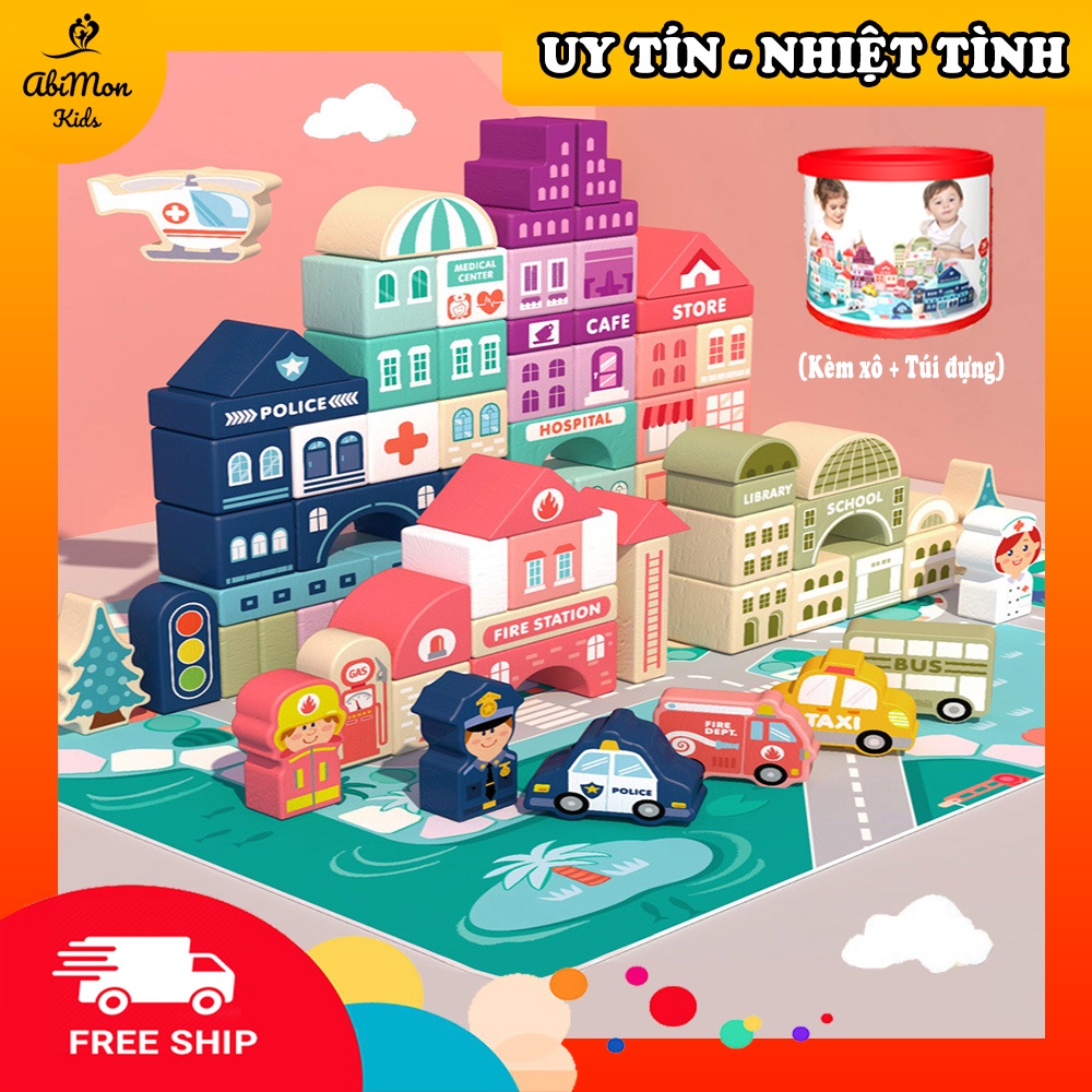 ? Bộ Xếp Hình Gỗ Thành Phố Cho Bé (120 Chi Tiết - Có Kèm Xô, Sàn, Túi) ☘️ Montessori ✨ Đồ Chơi Gỗ - An Toàn - Thông Minh