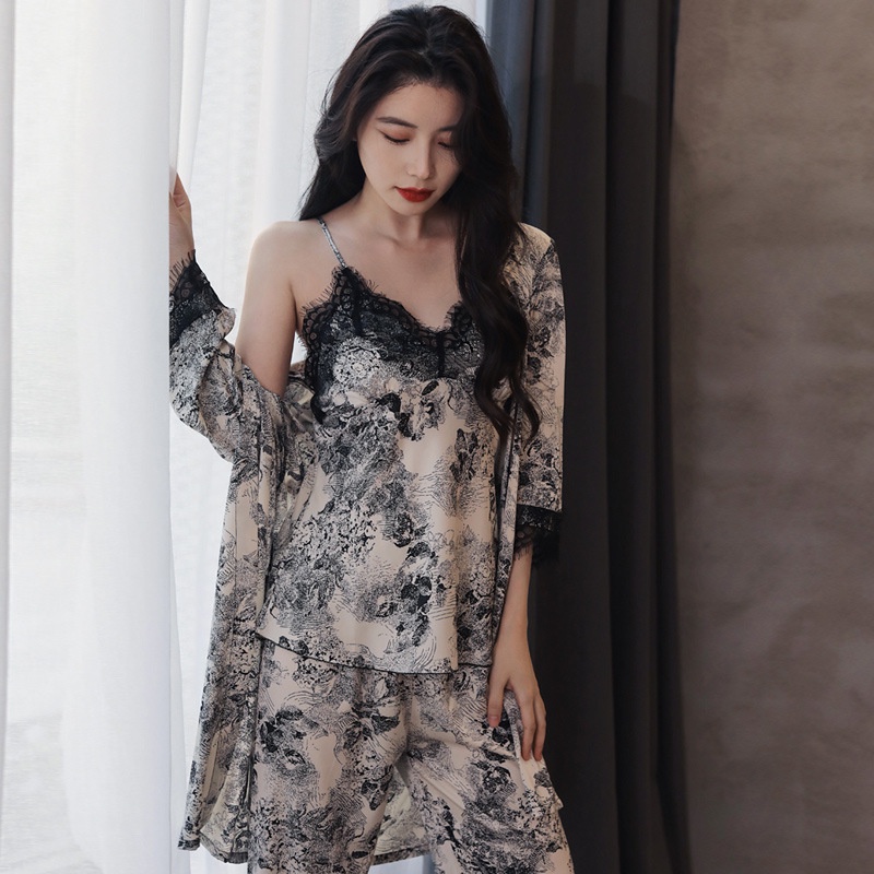 Bộ Đồ Ngủ 3 Món Tay Dài Vải Lụa Phối Ren Thời Trang Quyến Rũ Cho Nữ