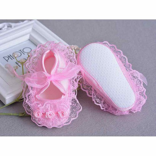Giày dép tập đi cho bé gái ren hoa hồng cho bé từ 12cm cho bé từ 4-12 tháng