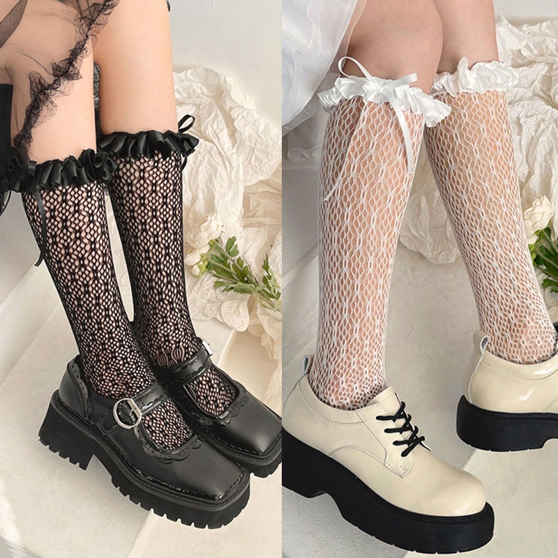 Vớ lưới ống cao vừa phối bèo thắt nơ ruy băng bằng vải satin phong cách Lolita Nhật Bản ngọt ngào cho nữ