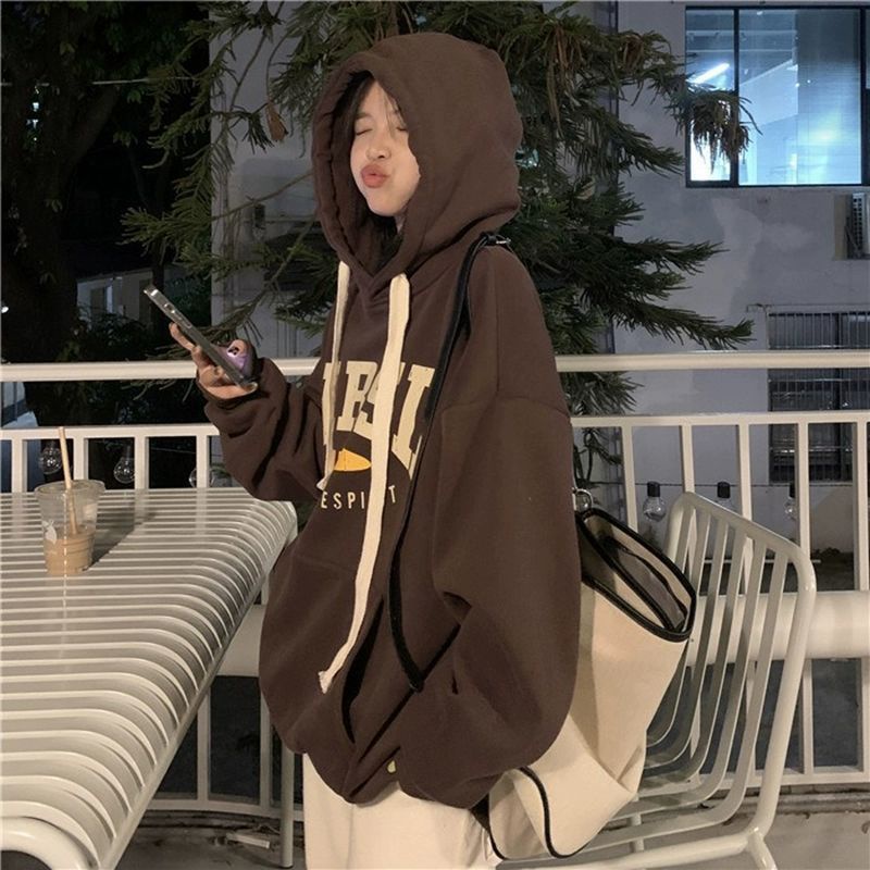 Áo hoodie COZOK tay dài dáng rộng in chữ phong cách cổ điển Hàn Quốc thời trang cho nữ