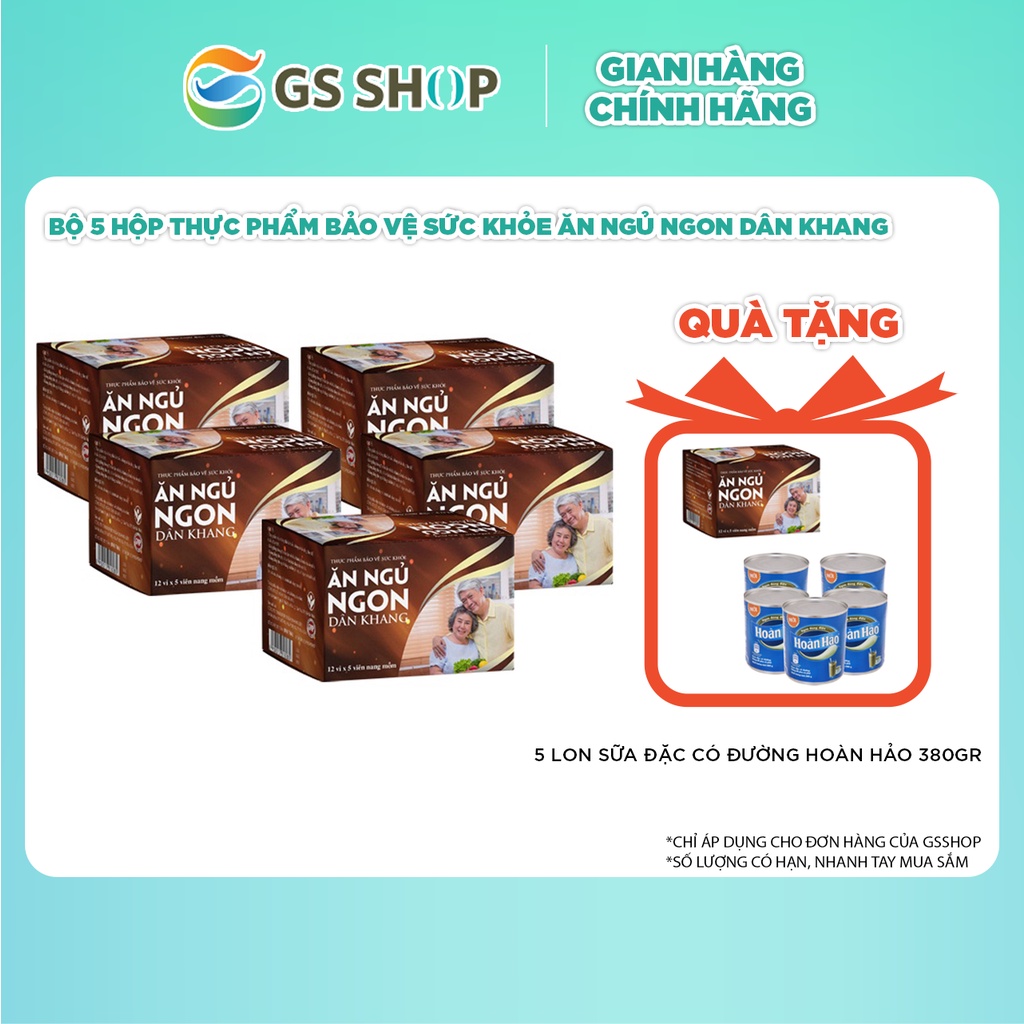 Bộ 5 Hộp Thực phẩm bảo vệ sức khỏe Ăn ngủ ngon Dân Khang | TẶNG: 5 Lon Sữa Đặc có đường Hoàn Hảo 380gr