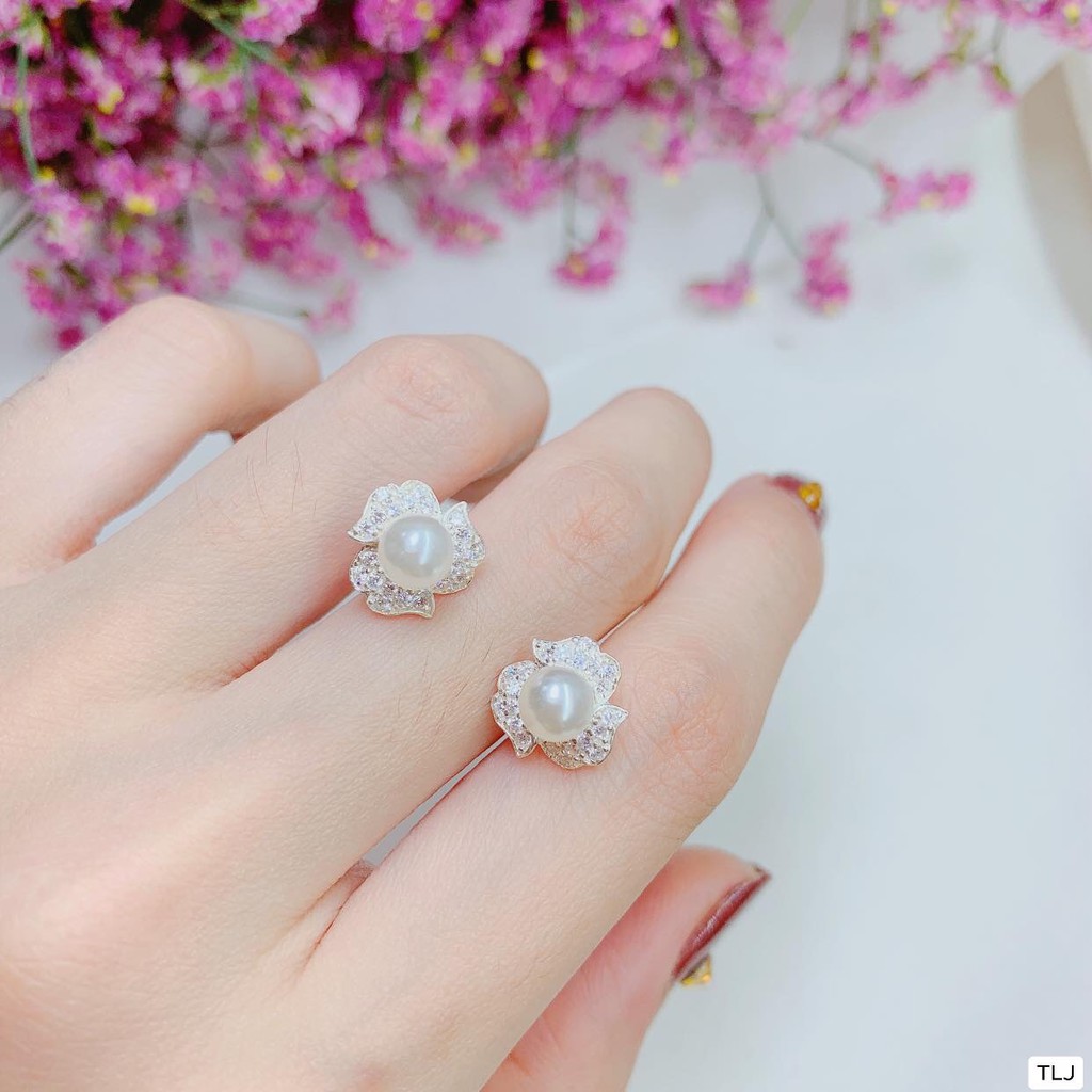 Bông tai nữ bạc ta dạng nụ chốt thẳng gắn hạt châu nhỏ xinh - Nụ bạc Bibi