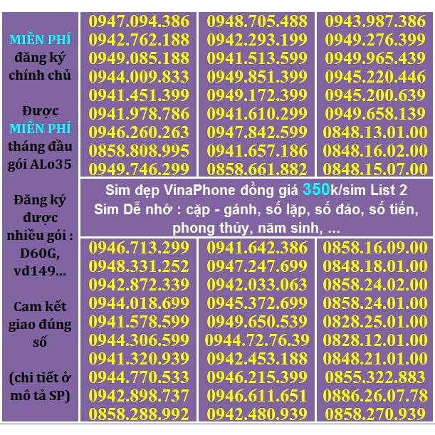 Sim Vina số đẹp 350k List 2 Hỗ Trợ ĐK chính chủ Miễn phí gói ALO35 tháng đầu, ĐK được gói VD149-D60G...(xem chi tiết SP)