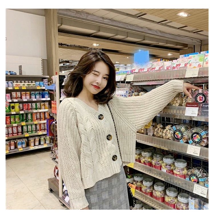 Áo khoác cardigan ZHELIHANGFEI dệt kim tay dài cổ chữ V dáng rộng lưng cao dễ phối đồ