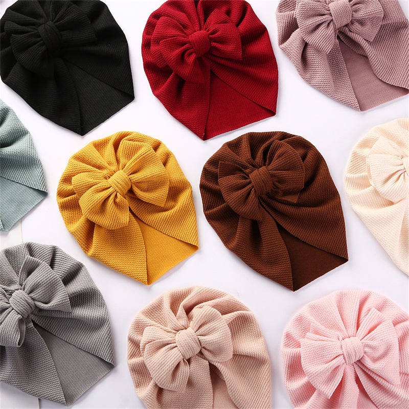 Mũ Trùm Đầu Thắt Nơ Bằng Vải Cotton Mềm Màu Trơn Dễ Thương Cho Bé