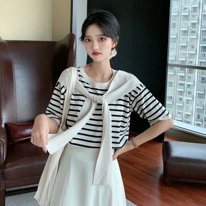 Áo thun tay ngắn ZHELIHANGFEI giả hai lớp họa tiết kẻ sọc thời trang độc đáo