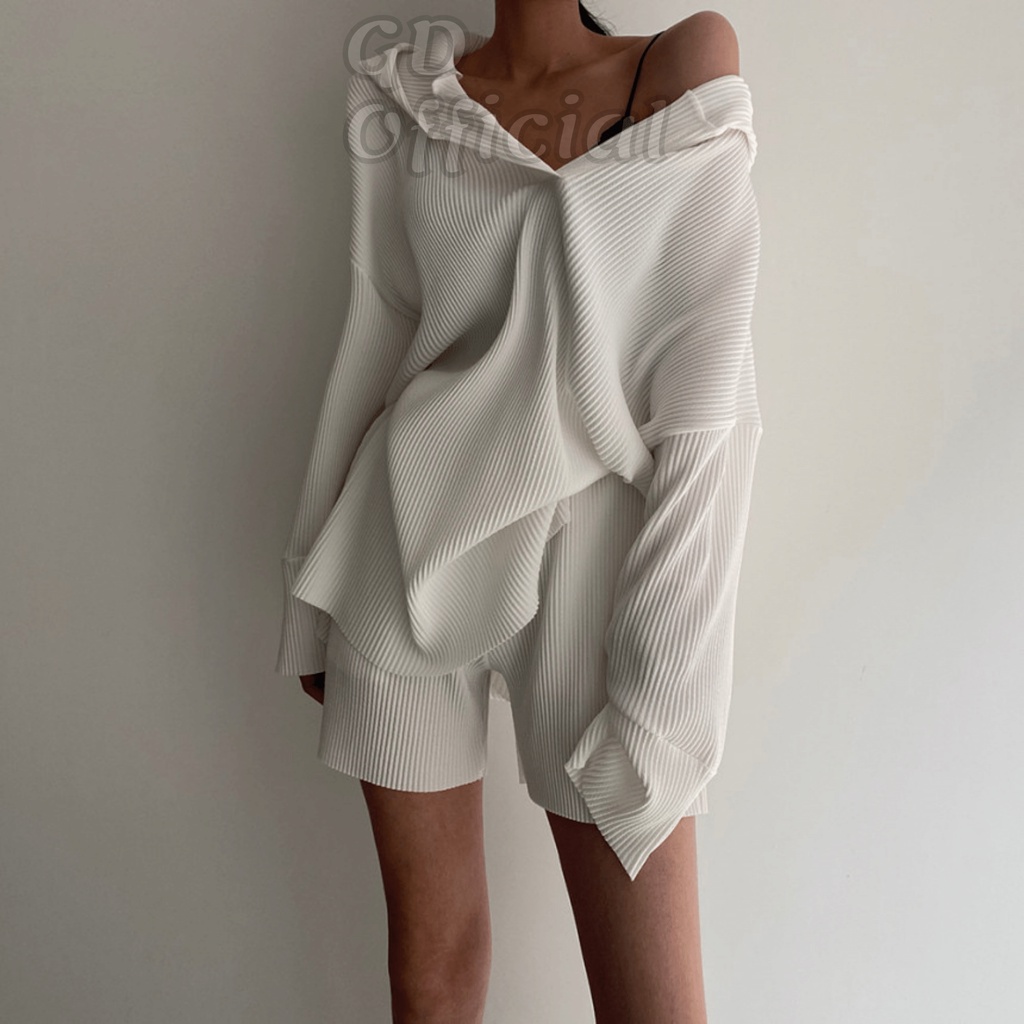 N7|Set bộ thể thao mặc nhà áo hoodie dài tay, quần short dáng rộng cá tính màu xanh, trắng GD Official