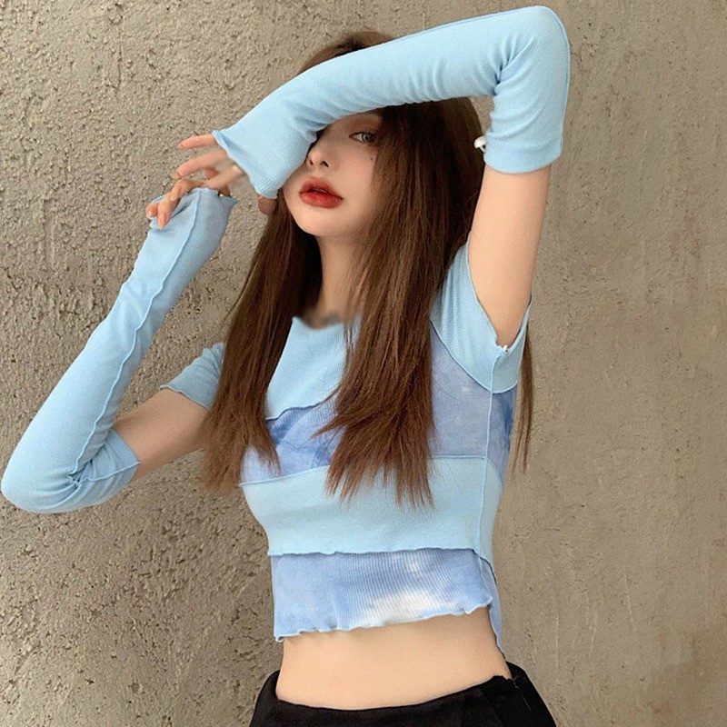 Áo thun cổ tròn tay dài dáng ôm gợi cảm nhuộm màu kiểu tie-dye dành cho bạn nữ