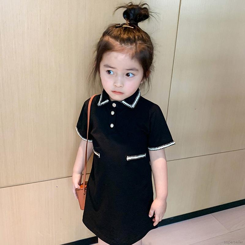 Đầm cổ bẻ tay ngắn phối màu tương phản phong cách hè thời trang Hàn Quốc cho bé gái