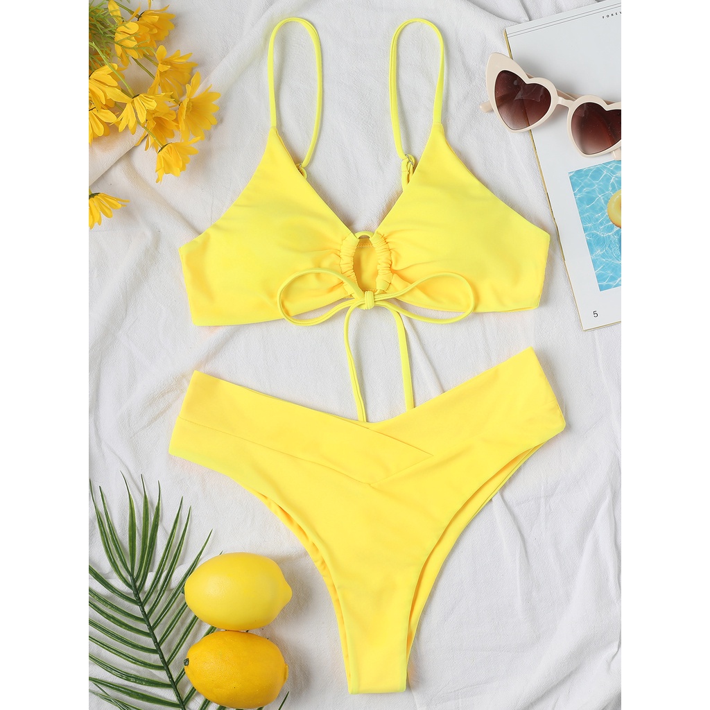 Bộ bikini màu trơn cột dây lưng cao gợi cảm xẻ tà dành cho nữ đi biển