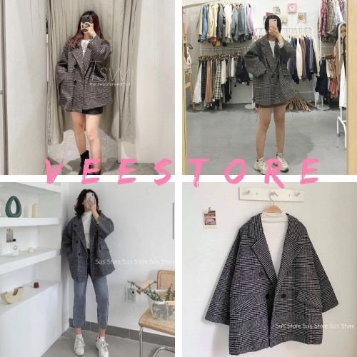 Áo khoác dạ thiết kế kẻ túi nắp / Áo khoác ngoài nữ tay dài form rộng style trẻ trung,năng động_veestore