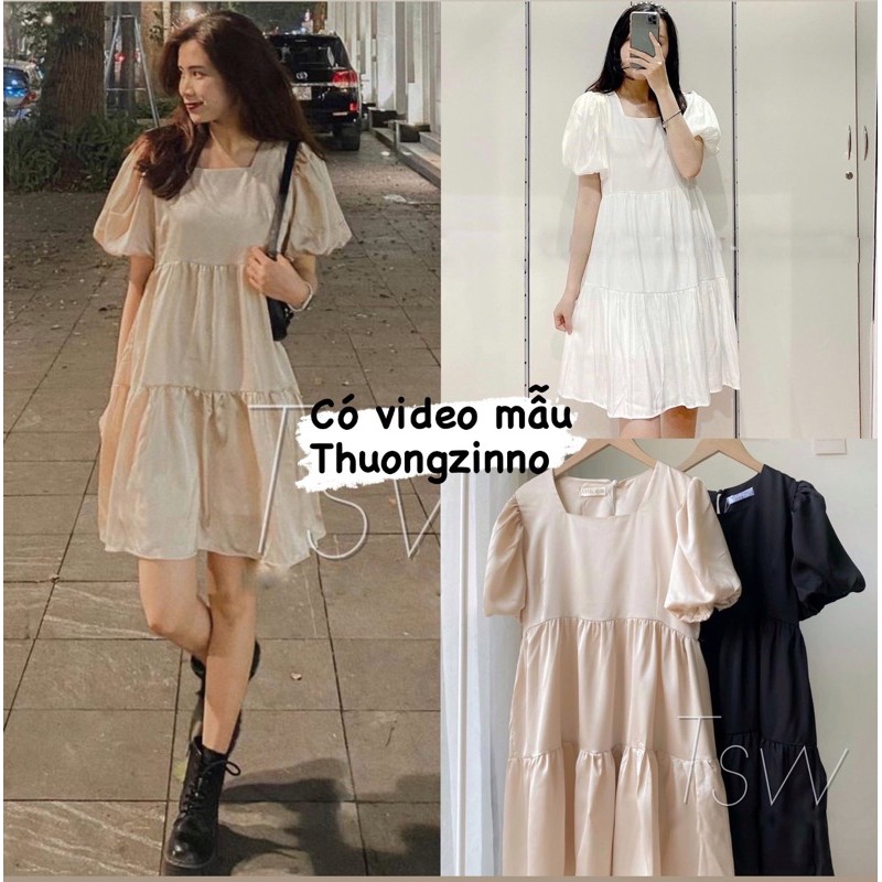 [Ảnh thật/Video]Váy babydoll cộc tay ba tầng chất lụa Hàn Váy thiết kế Hàn Quốc