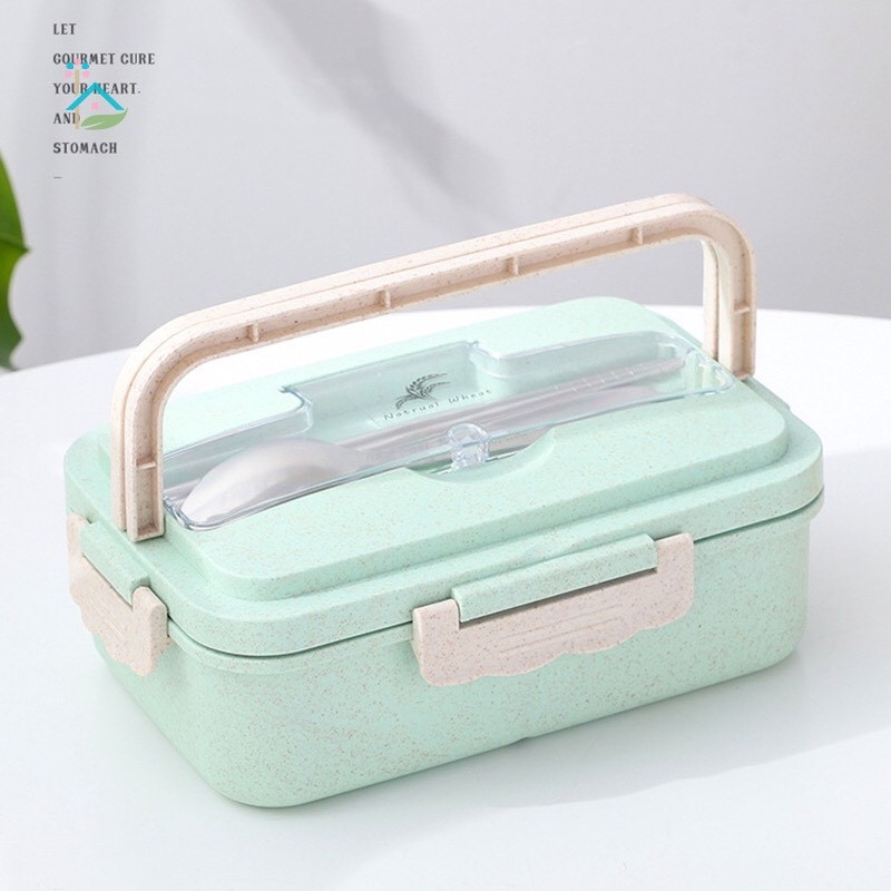 Hộp Đựng Cơm Lúa Mạch 3 Ngăn Dung Tích 1000ml kèm muỗng đũa inox | BigBuy360 - bigbuy360.vn