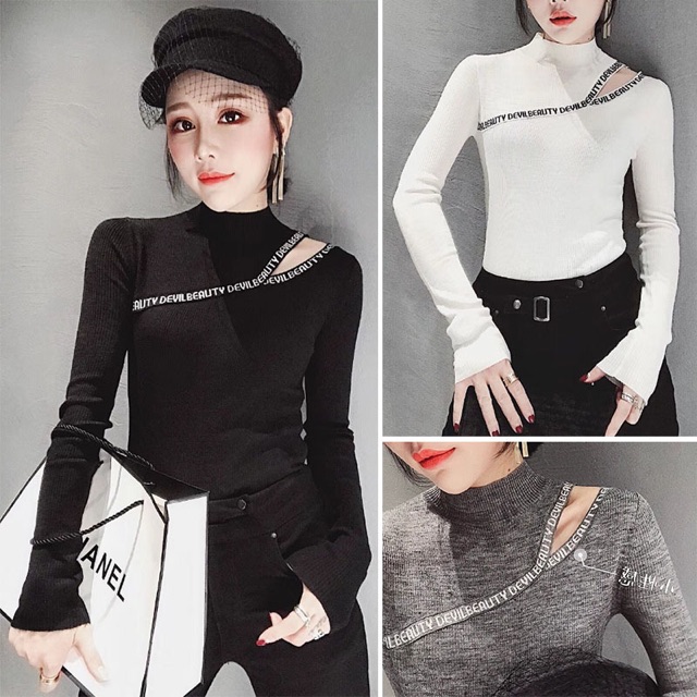 Áo len nữ cổ lỡ cutout vai chạy viền chữ thời trang thu đông | BigBuy360 - bigbuy360.vn