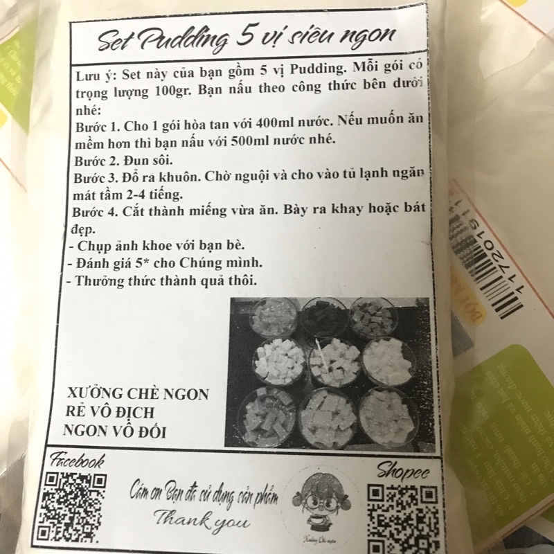 100G bột pudding: trứng  dâu, matcha trà xanh, socola, khoai môn, việt quất, sầu, xoài, dừa