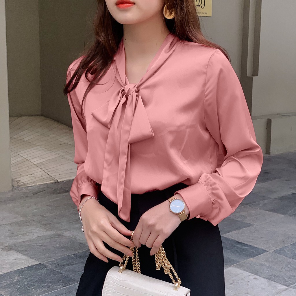 Áo sơ mi Nữ suông vai chờm cổ nơ trẻ trung cá tính hồng phớt Harriet