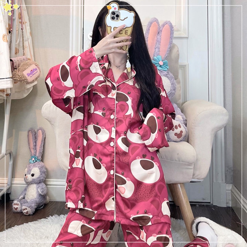 Bộ Đồ Ngủ Tay Dài In Hình Gấu Và Dâu Tây Dễ Thương Thời Trang Mùa Thu Cho Nữ