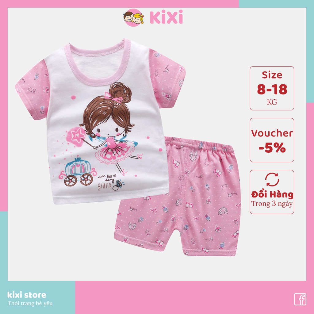 Đồ bộ bé gái KIXI set quần áo cộc tay cotton hình công chúa co giãn siêu mát bộ quần áo cho bé gái CMQA06