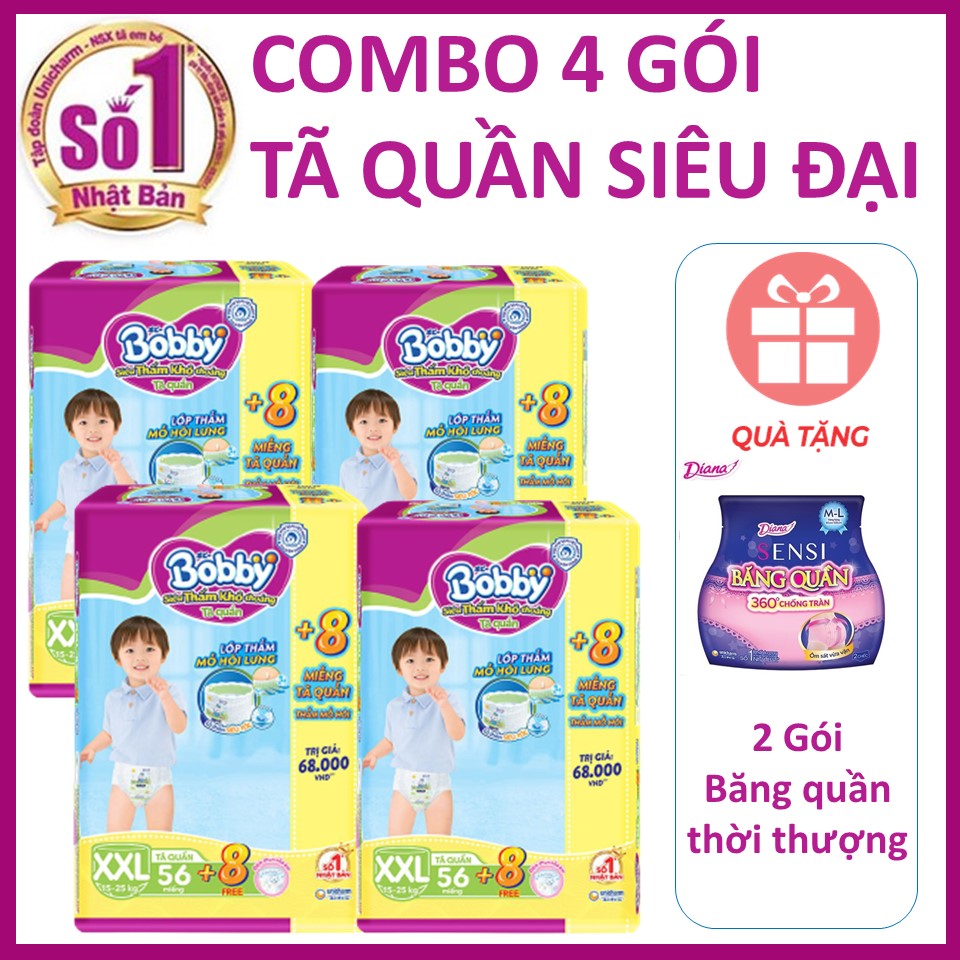 Combo 4 tã quần Bobby Siêu cực đại  tặng thêm 8 miếng và 1 bộ băng quần Diana cao cấp hoặc túi Downy 560ml