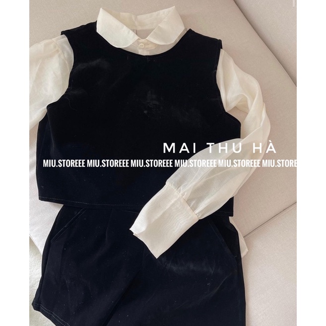 [ẢNH THẬT] SET NHUNG 3 MÓN ÁO SƠ MI VOAN BE+ ÁO GILE PHỐI CÚC + QUẦN SHORT NHUNG | BigBuy360 - bigbuy360.vn