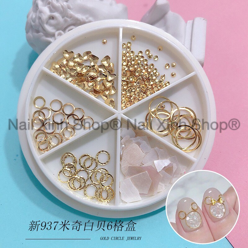 Khay tròn trang trí móng nail,charm nail, đá nail, phụ kiện nail art (phụ kiện mạ vàng)