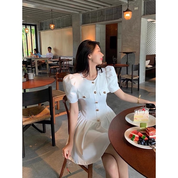 Có sẵn♥️Đầm tiểu thư dáng xoè tay bồng cúc đồng cao cấp/ Váy dự tiệc thanh lịch phong cách Hàn Quốc 2022
