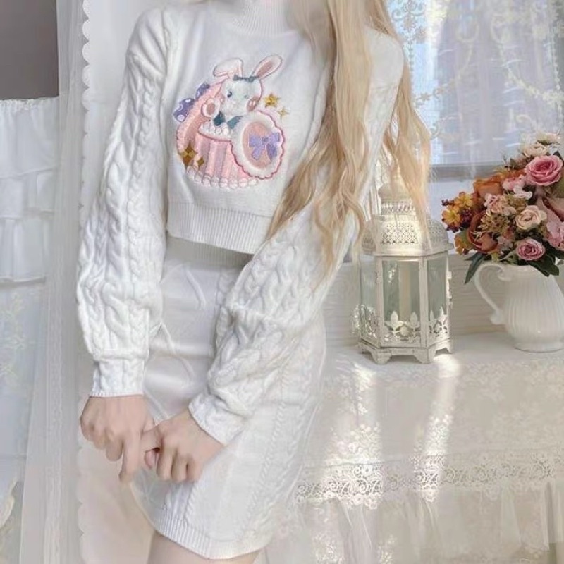 Set bộ đầm len trắng thỏ hồng dễ thương kèm ảnh thật🐰