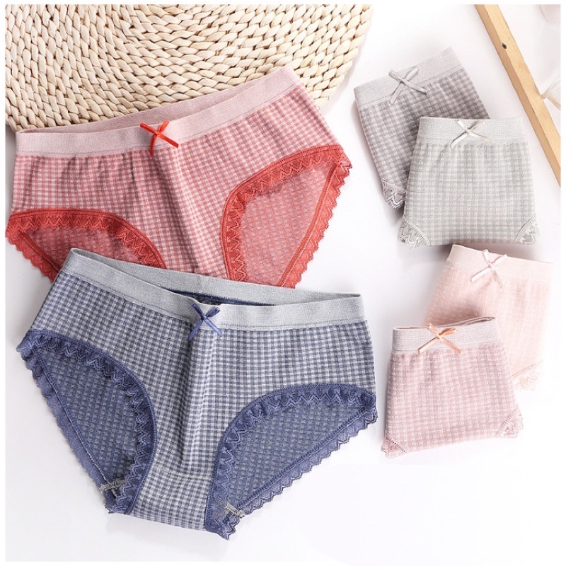 Quần Lót Nữ Sọc Kẻ Caro Viền Ren Cotton không Đuờng May Cao Cấp