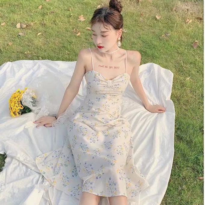 Đầm nữ hoa nhí hai dây dáng xòe midi Emilyshop