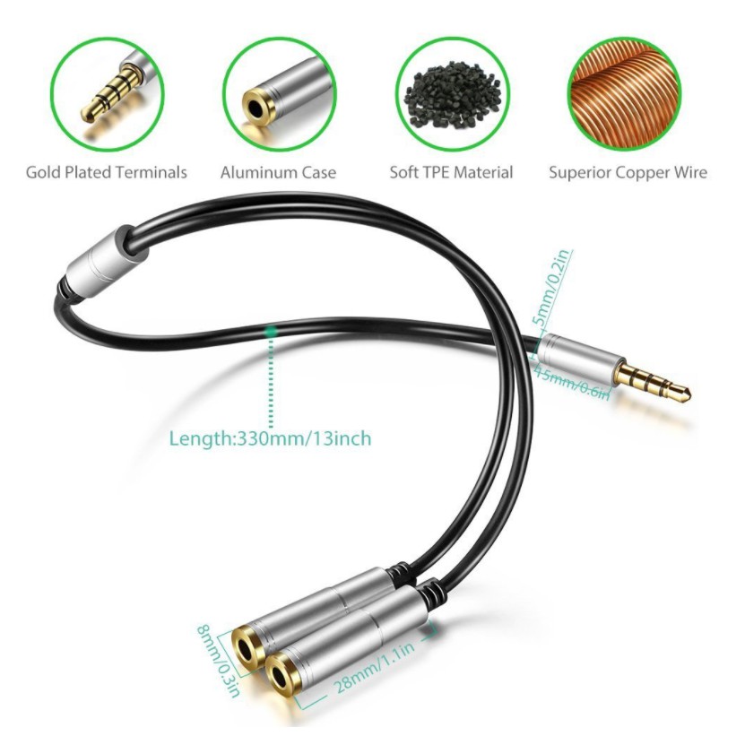 Jack Gộp Chia Tai Nghe Từ 1 Cổng 3,5mm Thành 2 Cổng 3,5mm 1 CHÂN AUDIO VÀ 1 CHÂN MICRO mic Loại Đẹp (Dài 30 Cm)