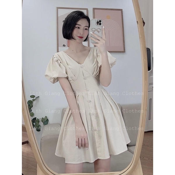 [223] Váy Thô Đũi  2 Lớp   Tay Phồng Cổ V Khuy Ngọc Hàng Đẹp Có Ảnh Thật Kèm Video | BigBuy360 - bigbuy360.vn