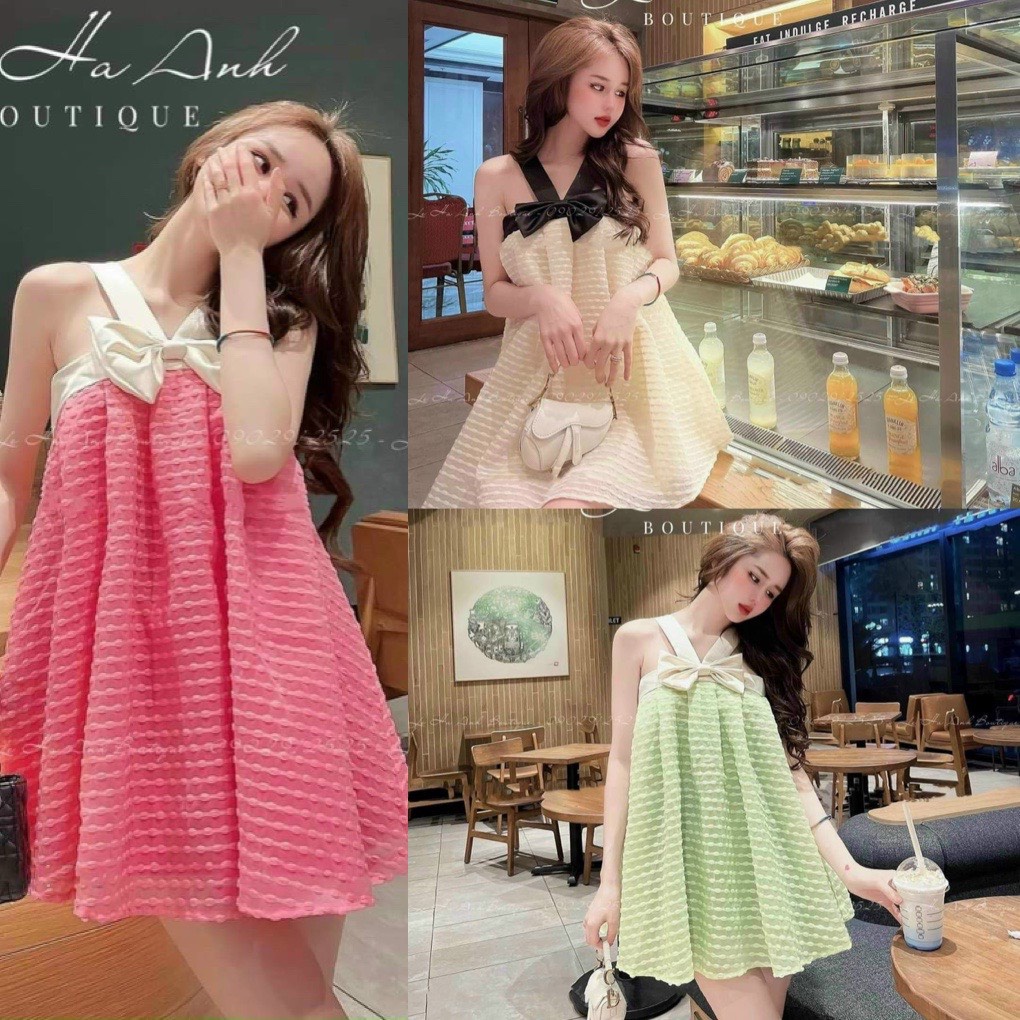 Đầm babydoll đính nơ ngực dây chéo chất xốp bông