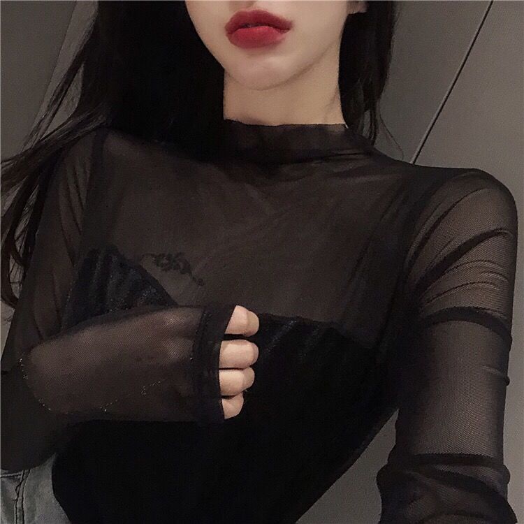 Áo Lưới Tay Dài Màu Đen Phong Cách Phương Tây Thời Trang Mùa Xuân Cho Nữ