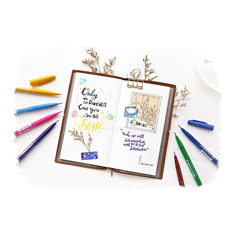 Bút đầu cọ thư pháp PENTEL Sign brush pen, fude touch 12 màu cơ bản SES15C THEARTSHOP