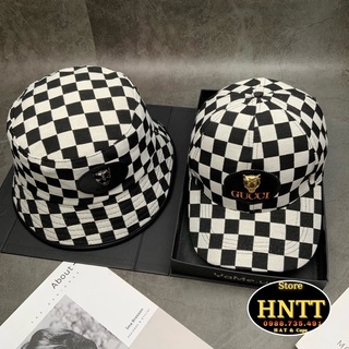 Combo Nón Caro Ô Vuông Đen Trắng Gắn Logo Sói Thời Trang Cao Cấp Nam Nữ
