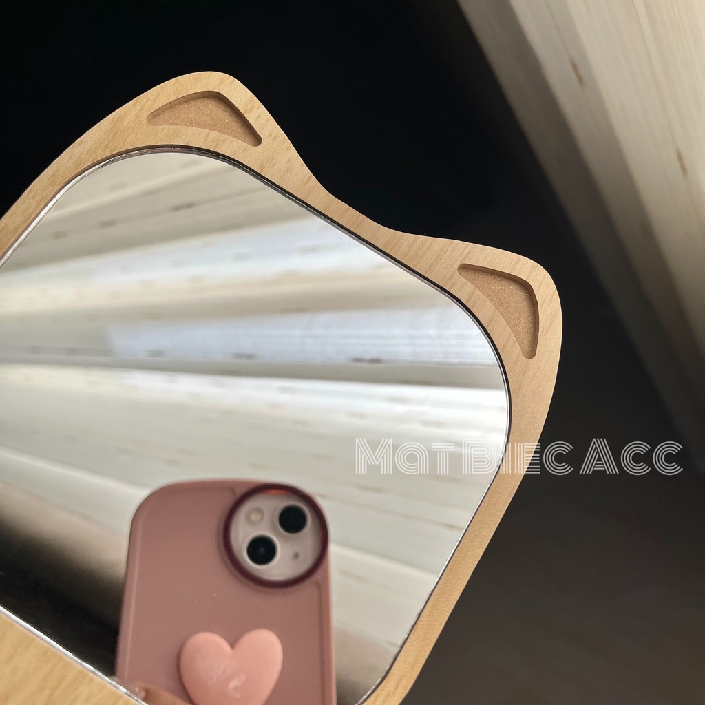 Gương cầm tay trang điểm tai mèo gỗ, nhựa siêu xinh