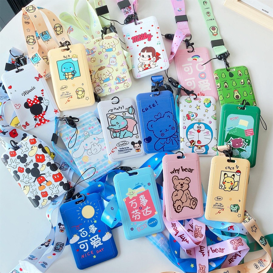 Cute cartoon business card lanyard neck strap lanyard card set bank card bus work permit ID card set rope key chain