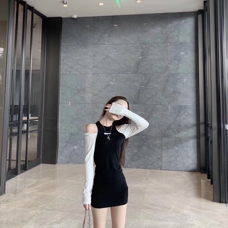 Váy body cotton trễ vai dài tay