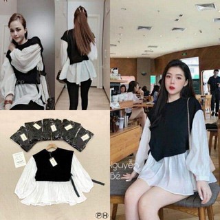 🌈 ÁO KIỂU BBD PHỐI MẦU ĐEN TRẮNG DÂY EO‼️