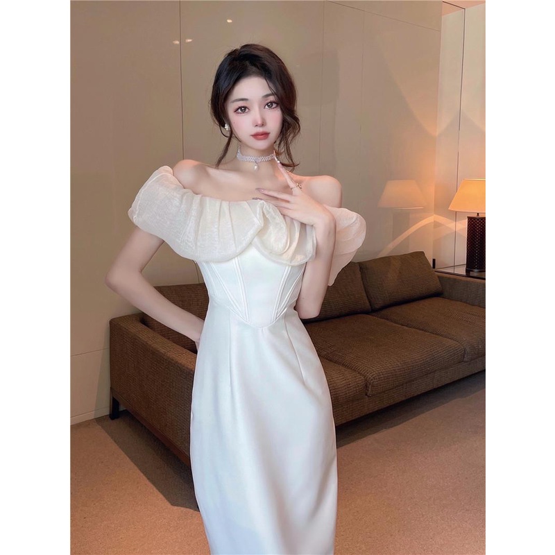 Đầm Dài Qua Gối Màu Trắng Phong Cách Pháp Thanh Lịch Thời Trang Mùa Hè Hàng Mới Dành Cho Bạn Nữ