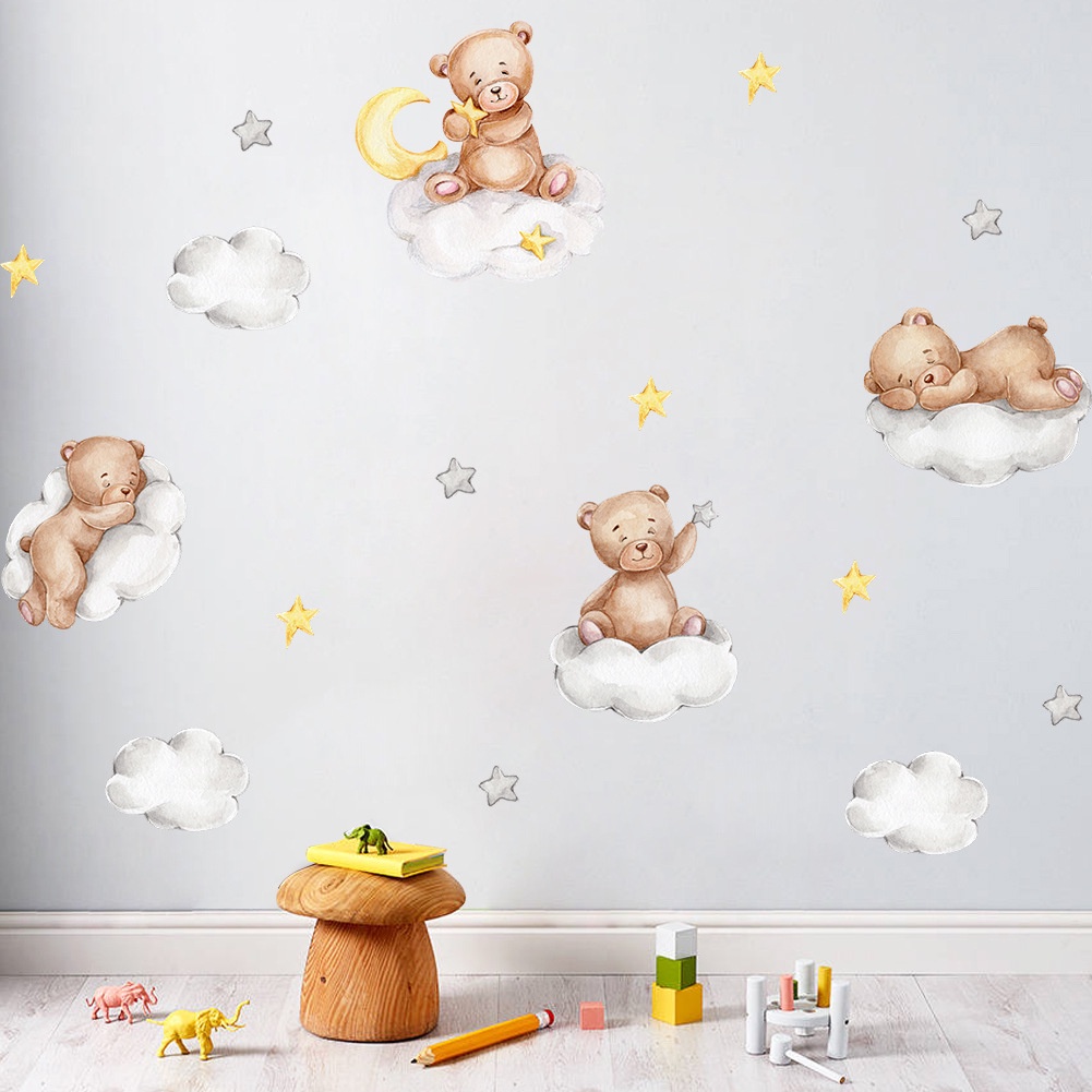 Giấy Dán Tường Họa Tiết Hoạt Hình Đám Mây / Gấu / Ngôi Sao / Mặt Trăng Trang Trí Phòng Bé